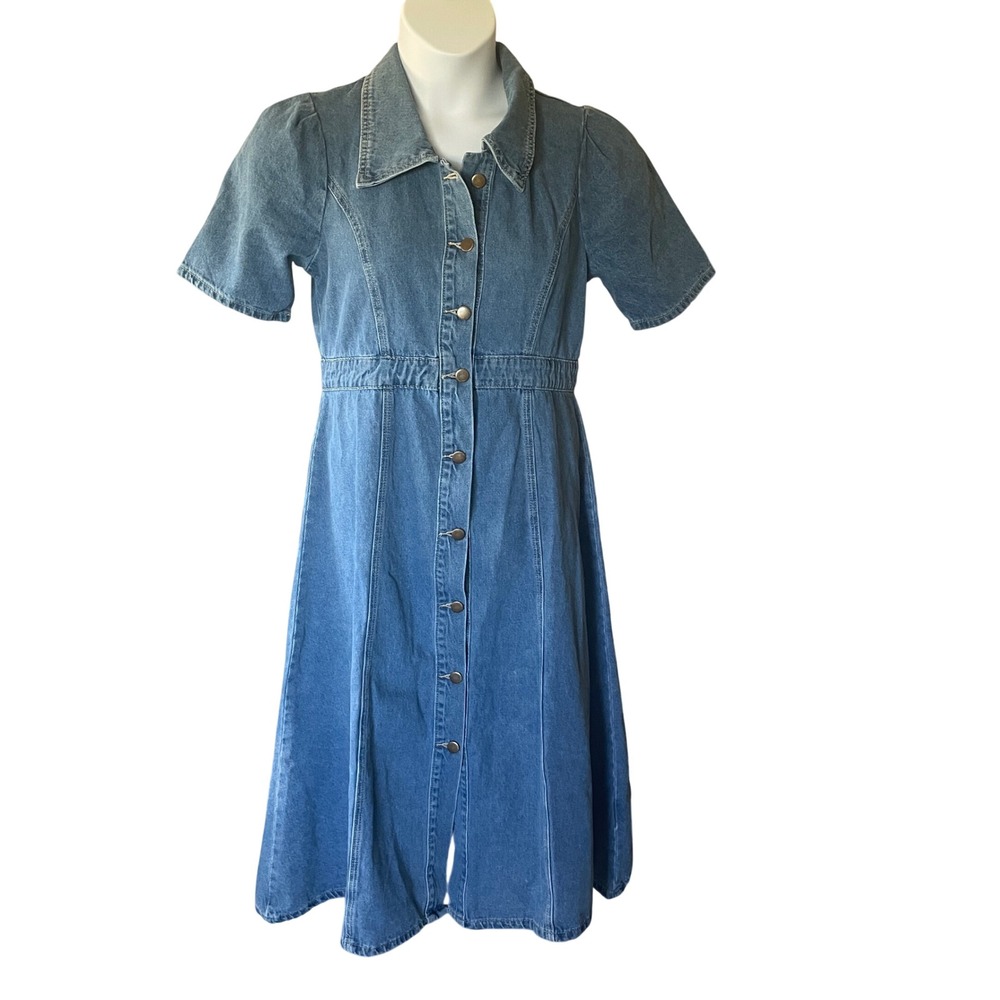 Country Cowgirl Denim Button Front Puff Sleeve Midi Dress Large Blue Boho Prarie